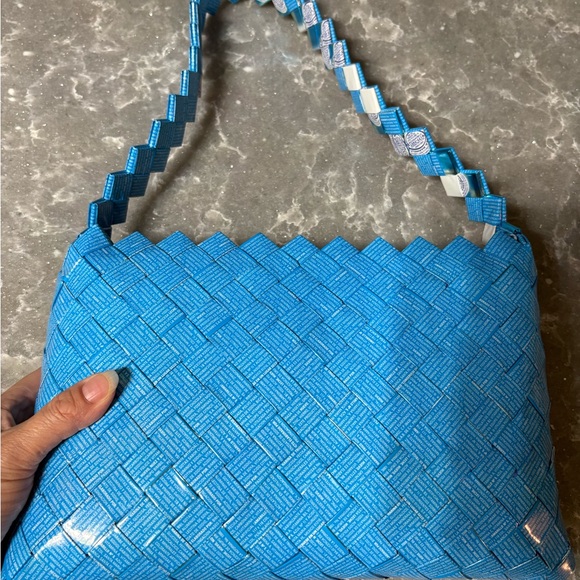 Blue Handmade Woven Shoulder Bag made from Woven Candy Wrappers NWOT - Picture 3 of 10